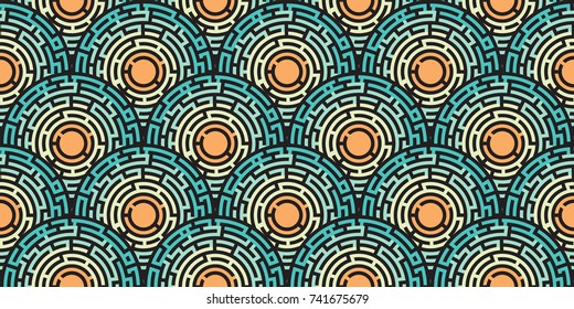 Circular Seamless Pattern Of Colored Labyrinth, Flat
