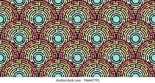 Circular Seamless Pattern Of Colored Labyrinth, Flat