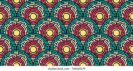 Circular Seamless Pattern Of Colored Labyrinth, Flat