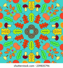 Circular seamless pattern of colored leaves, mushrooms, spots on an azure background. Handmade, autumn theme.