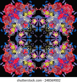 Circular seamless pattern of colored leaves, spots on a black  background. Hand drawn.