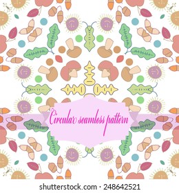Circular seamless pattern of colored leaves, mushrooms, spots, label on a white background. Hand drawn, autumn theme.