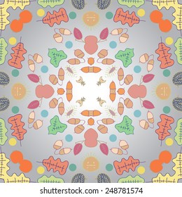 Circular seamless pattern of colored leaves, mushrooms, spots on a gradient gray  background. Hand drawn, autumn theme.