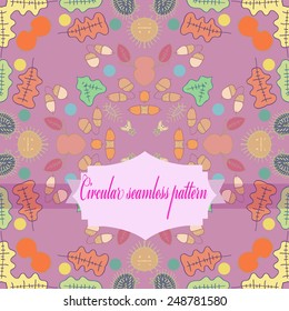 Circular seamless pattern of colored leaves, mushrooms, spots, label on a pale pink background. Hand drawn, autumn theme.