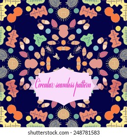 Circular seamless pattern of colored leaves, mushrooms, spots, label on a  dark blue background. Hand drawn, autumn theme.