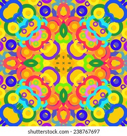 Circular seamless  pattern of colored motif, bagels  on an yellow  background. Handmade.