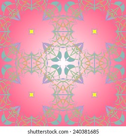 Circular seamless pattern of colored   motif, spots on a gradient pink background. Hand drawn.
