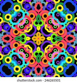 Circular seamless  pattern of colored motif, bagels, pink star  on a  black  background. Handmade.