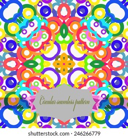 Circular seamless  pattern of colored motif, bagels, pink star, label on a  white  background. Handmade.
