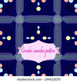 Circular seamless pattern of colored  motif, spots, stripes, label on a dark blue   background. Handmade.