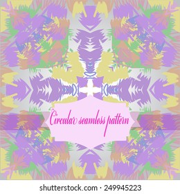 Circular seamless pattern of colored  motif, spots, label on a gradient gray background. Hand drawn.