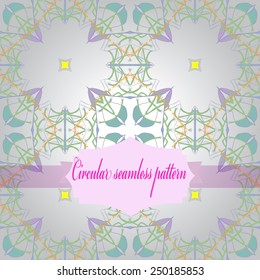 Circular seamless pattern of colored   motif, spots, label on a gradient gray background. Hand drawn.