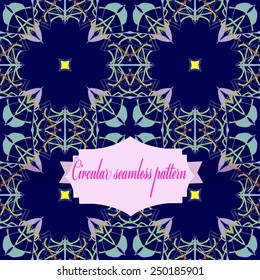 Circular seamless pattern of colored   motif, spots, label on a dark blue  background. Hand drawn.