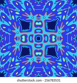 Circular seamless pattern of colored motif on a  dark blue    background. Hand drawn.