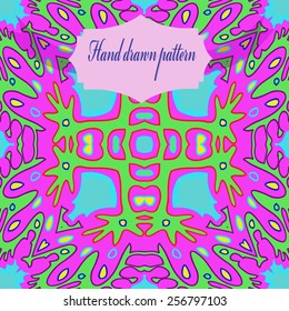 Circular seamless pattern of colored motif, label on an azure    background. Hand drawn.