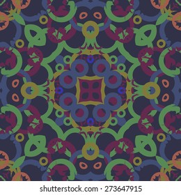 Circular seamless pattern of colored motif, bagels, stars . Handmade.