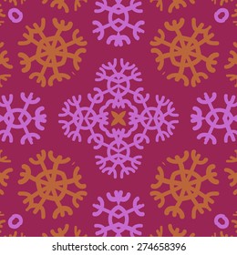Circular  seamless pattern of colored motif, spots, snowflakes, bagels. Hand drawn.