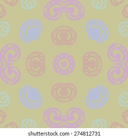Circular  seamless pattern of colored motif, spots, spirals, ellipses, bagel. Hand drawn.