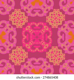Circular  seamless pattern of colored motif, spots, spirals, ellipses. Hand drawn.