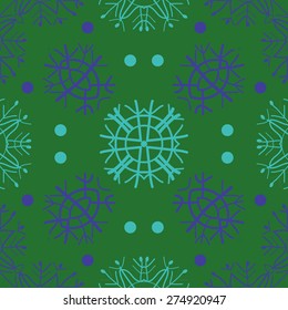Circular  seamless pattern of colored motif, spots, snowflakes, ellipses. Hand drawn.