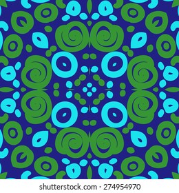 Circular  seamless pattern of colored motif, spots, spirals, ellipses, bagels. Hand drawn.