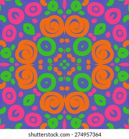 Circular  seamless pattern of colored motif, spots, spirals, ellipses, bagels. Hand drawn.