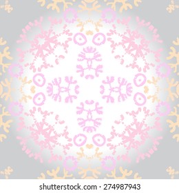 Circular  seamless pattern of colored motif,  snowflakes, stars. Hand drawn.