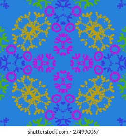 Circular  seamless pattern of colored motif,  snowflakes, stars. Hand drawn.