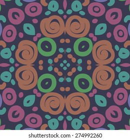 Circular  seamless pattern of colored motif, spots, spirals, ellipses, bagels. Hand drawn.