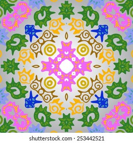 Circular seamless pattern of colored    motifs ,spirals, doodles  on a gradient gray   background. Hand drawn.