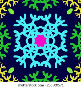 Circular seamless pattern of colored  motifs ,snowflakes, doodles  on a dark blue background. Hand drawn.