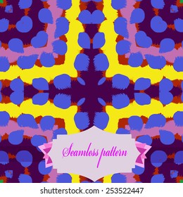 Circular seamless pattern of colored  motifs , stripes, doodles, label  on a dark pink background. Hand drawn.