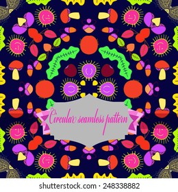 Circular seamless pattern of colored mushrooms, spots, acorns, label  on a dark blue background. Hand drawn, autumn theme.
