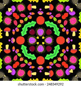 Circular seamless pattern of colored mushrooms, spots, acorns  on a black background. Hand drawn, autumn theme.