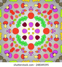 Circular seamless pattern of colored mushrooms, spots, acorns  on a gradient gray background. Hand drawn, autumn theme.