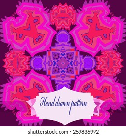 Circular seamless pattern of colored oriental motif, label. Hand drawn.