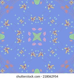 Circular  seamless  pattern of colored  pale floral motifs in a blue pale background. Handmade.