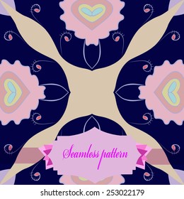 Circular seamless pattern of colored pale  floral motifs, label on a dark blue      background. Hand drawn.