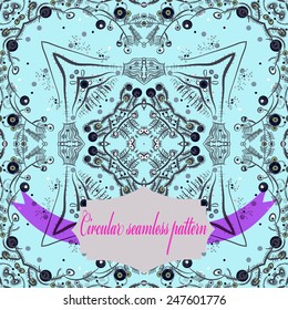 Circular seamless pattern of colored seaweed, label on a light azure  background. Hand drawn.