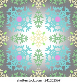Circular seamless pattern of colored snowflakes on a gradient gray background. Hand drawn.