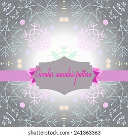Circular seamless pattern of colored snowflakes, label, text on a gradient gray background. Hand drawn.
