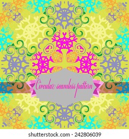 Circular seamless pattern of colored snowflakes, label, text  on a  yellow background. Hand drawn.