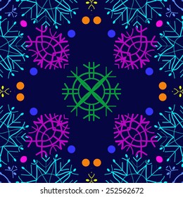 Circular seamless pattern of colored snowflakes , ellipses on a dark blue   background. Hand drawn.