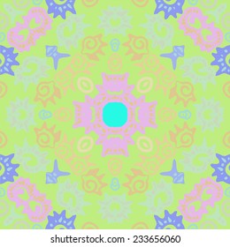 Circular seamless pattern of colored spirals, spots, cross on a light green background. Handmade.