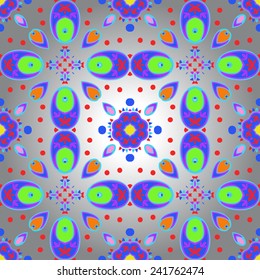 Circular seamless pattern of colored spots on a gradient gray  background.