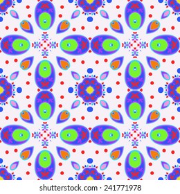 Circular seamless pattern of colored spots on a white background.