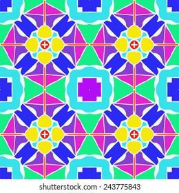 Circular seamless pattern of colored spots on a white background. 