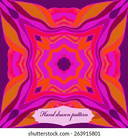 Circular seamless pattern of colored striped motif, label. Hand drawn.