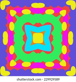 Circular seamless pattern of colored stripes, ellipses, star on a rosy background. Handmade.