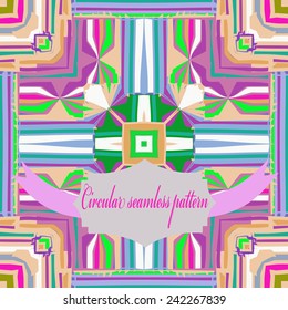 Circular seamless pattern of colored stripes, shapes, label, text on a white background. Hand drawn.